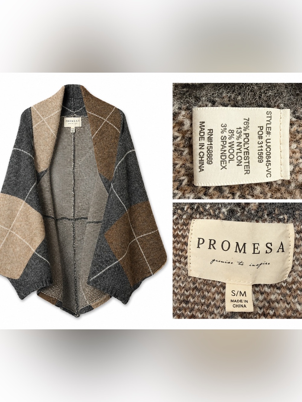 Promesa Brown and Gray Windowpane Knit Poncho